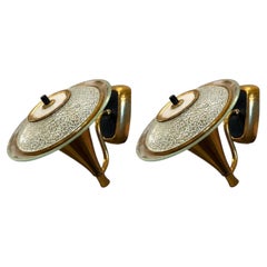 Pair of French Art Deco Brass and Textured Glass Wall Sconces, France, 1940’s.