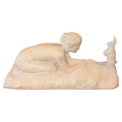 Late 19th Century Italian Carved White Marble Sculpture of Young Woman w/ Rabbit