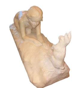 Late 19th Century Italian Carved White Marble Sculpture of Young Woman w/ Rabbit