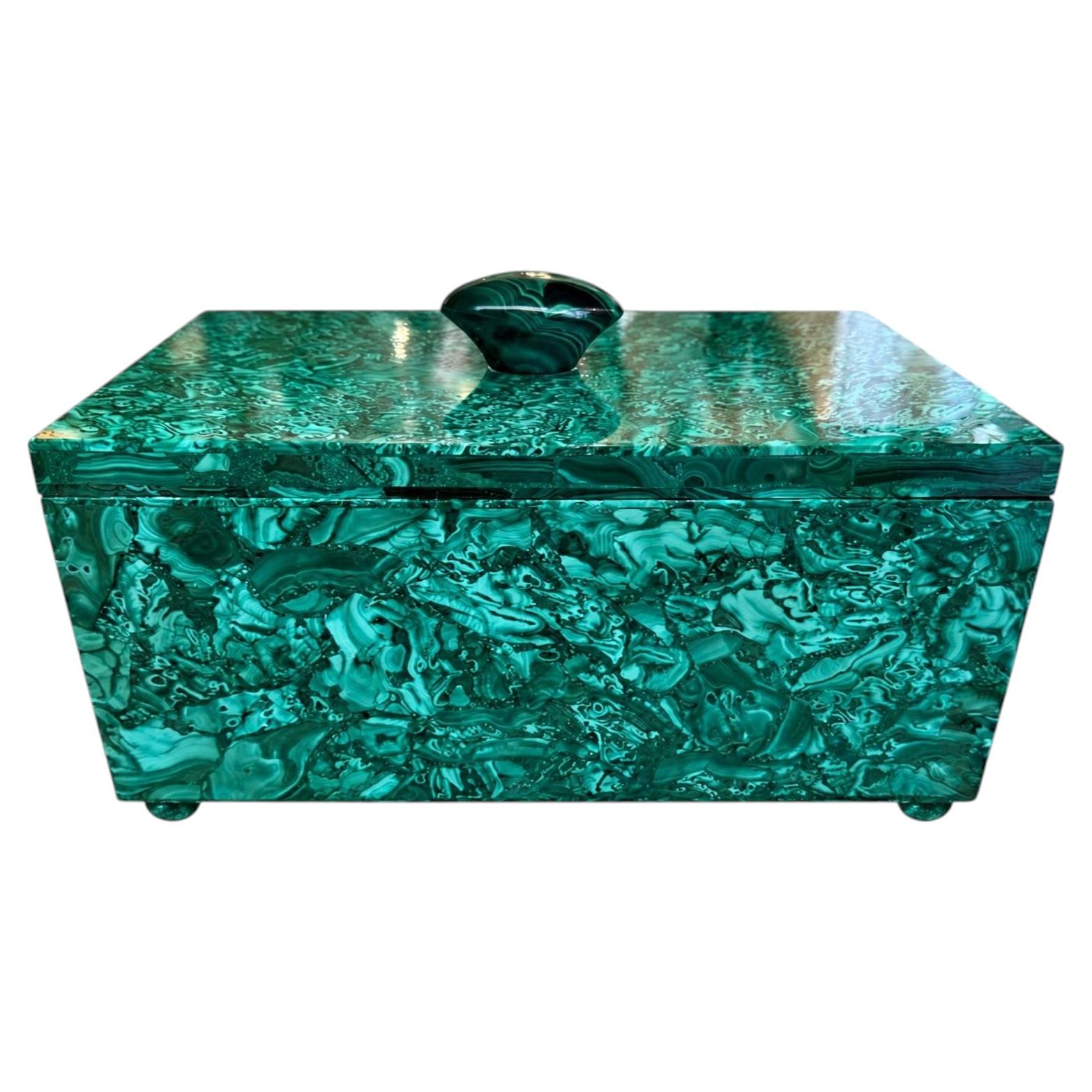 Large Italian Malachite Lidded Decorative Box on Ball Feet. 20th Century.