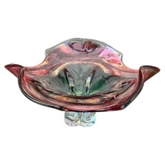 Murano Glass Footed Bowl Emerald Green, Pink & Clear, Italy, Late 20th Century