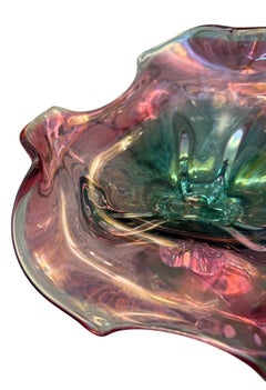 Murano Glass Footed Bowl Emerald Green, Pink & Clear, Italy, Late 20th Century