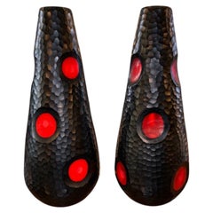 Pair Murano Battuto Glass Vases in Black & Vermillion. Italy, Late 20th Century.