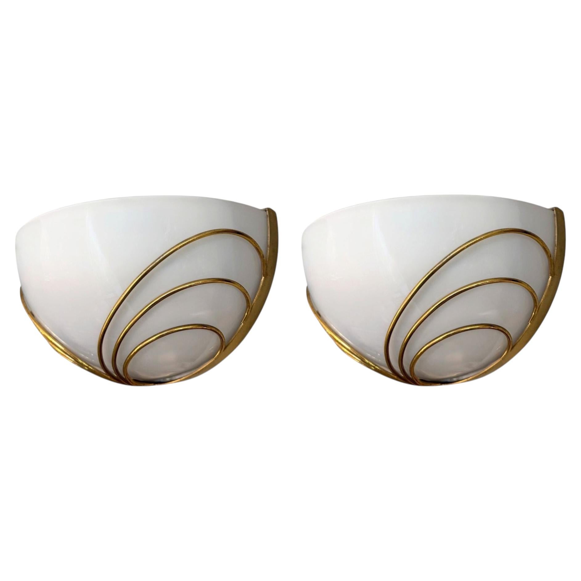 Pair of Italian Mid-Century Half-Moon Murano Opaline Glass & Brass Wall Sconces. For Sale
