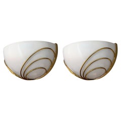Pair of Italian Mid-Century Half-Moon Murano Opaline Glass & Brass Wall Sconces.