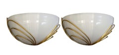 Pair of Italian Mid-Century Half-Moon Murano Opaline Glass & Brass Wall Sconces.
