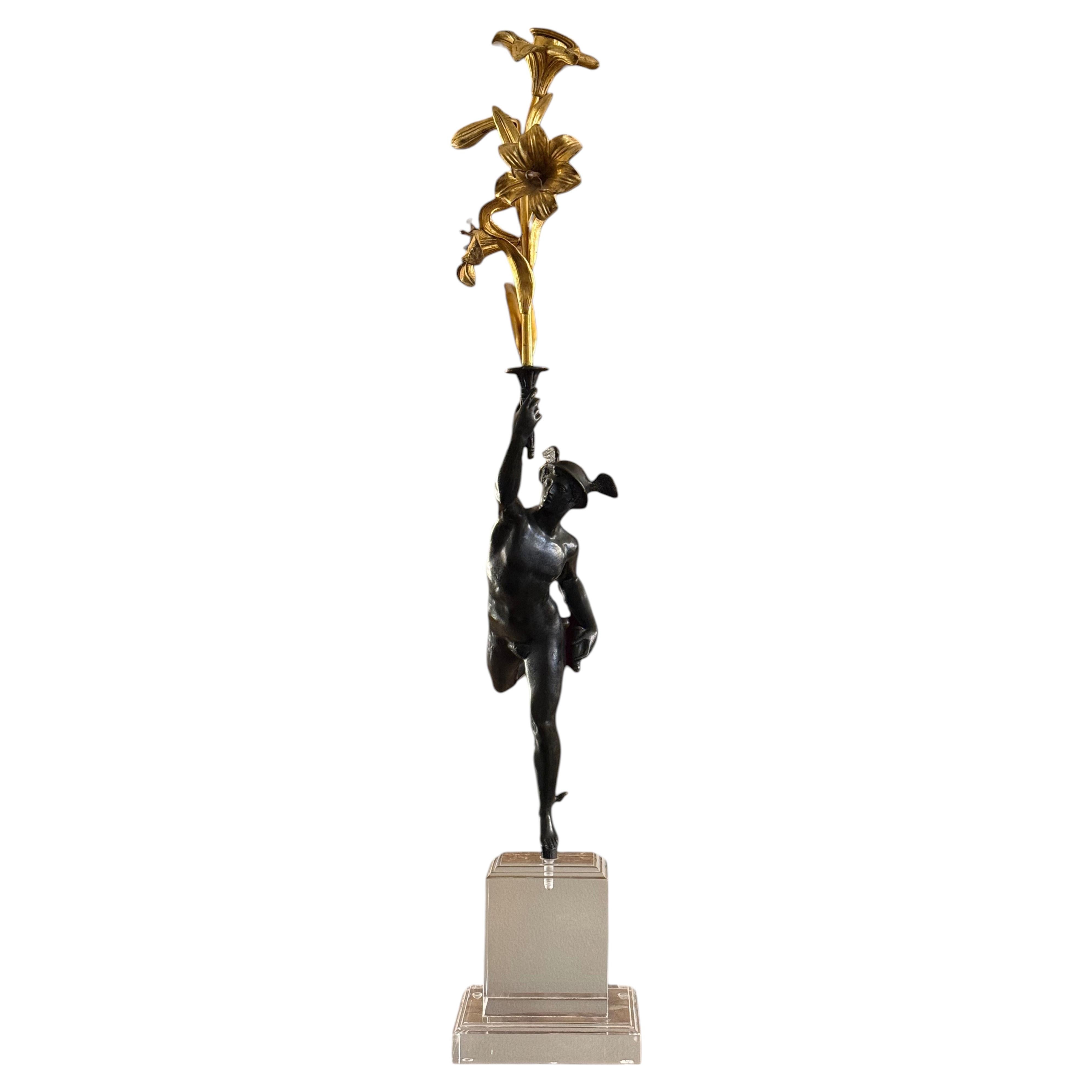 Bronze “Flying Mercury” with Lily Torch, After Giambologna, Italy, 19th Century. For Sale