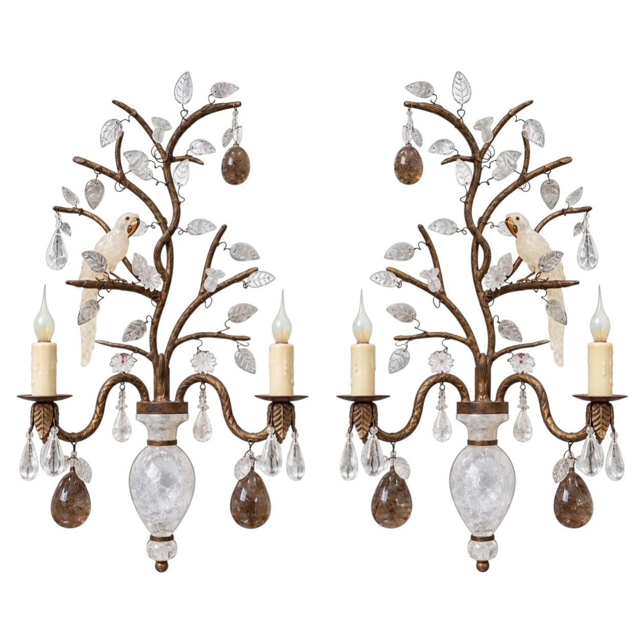 Pair French Baguès Style Rock Crystal, Smoky Quartz & Parrot Sconces, 1980's. For Sale