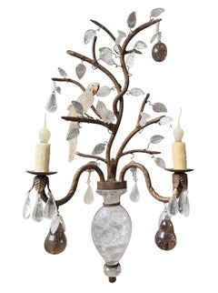 Pair French Baguès Style Rock Crystal, Smoky Quartz & Parrot Sconces, 1980's.