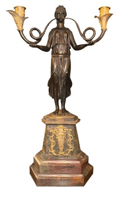 Pair of French 19th Century Empire Style Bronze, Ormolu & Marble Candelabras.