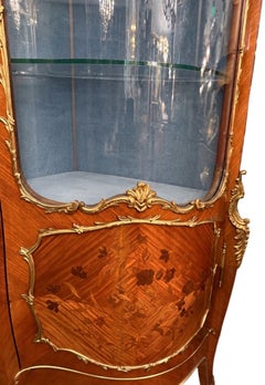 19th Century French Louis XV-Style Marquetry Vitrine with Gilt Bronze.