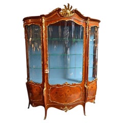 19th Century French Louis XV-Style Marquetry Vitrine with Gilt Bronze.