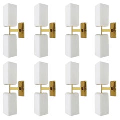 Set of Eight Modern Frosted White Murano Glass & Brass Sconces. Italy, 1990's.