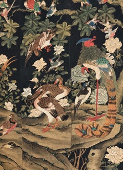 Oversized 19th C. Chinese Handpainted Hundred Birds Paying Homage to the Phoenix