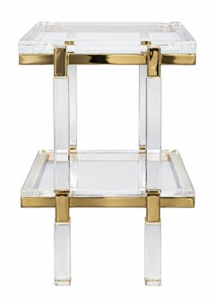 Pair of Charles Hollis Jones Lucite & Brass Two-Tier Side Tables, Late 20th C.