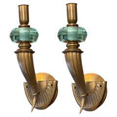 Pair Gio Ponti for Fontana Arte Style Brass & Nile Green Sconces. Italy, 1950's