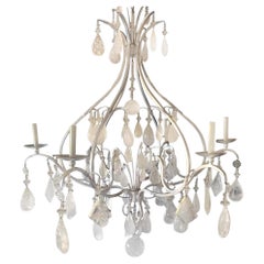 Large Silver Leaf Wrought Iron & Rock Crystal 6-Light Chandelier, 20th Century.