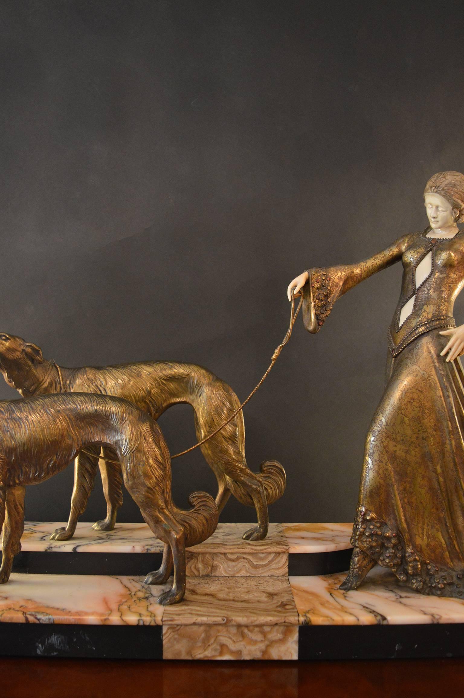 Patinated Art Deco Figurine Walking Dogs