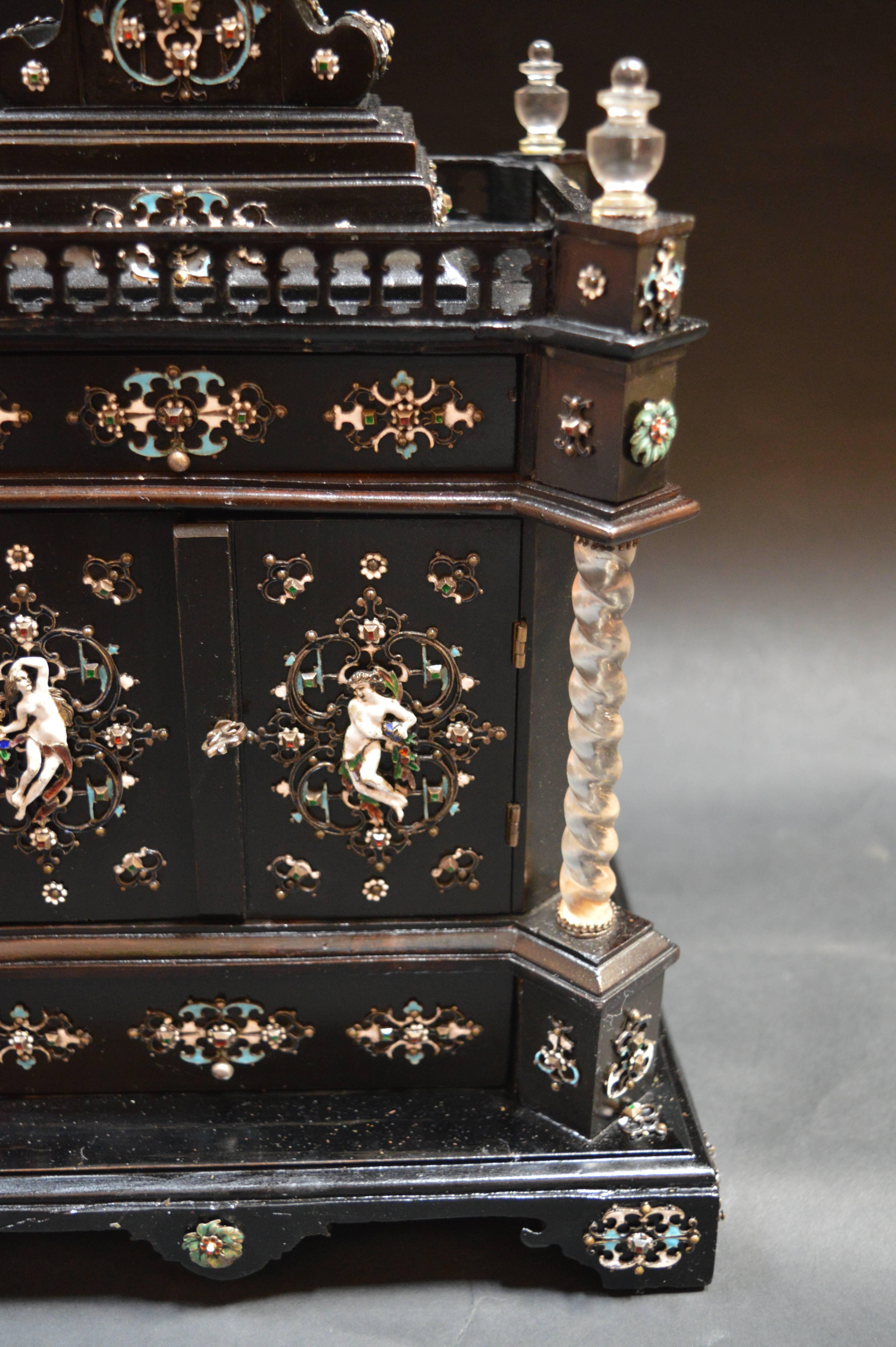 Austrian ebony cabinet with small drawers. Mounted in rock crystal, silver and enamel.