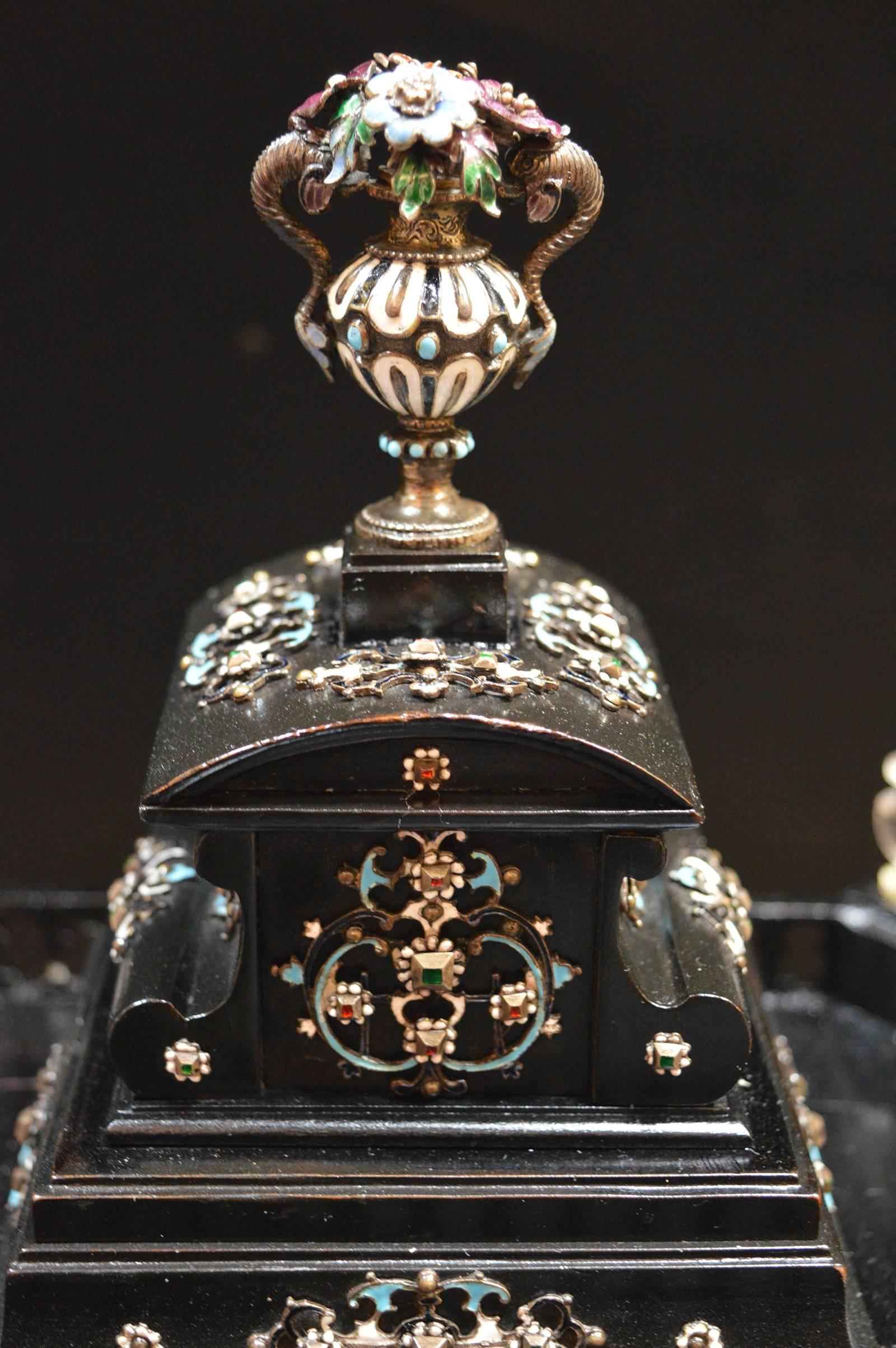 19th Century Austrian Ebony Jewelry Box Mounted in Rock Crystal with Enamel For Sale 1