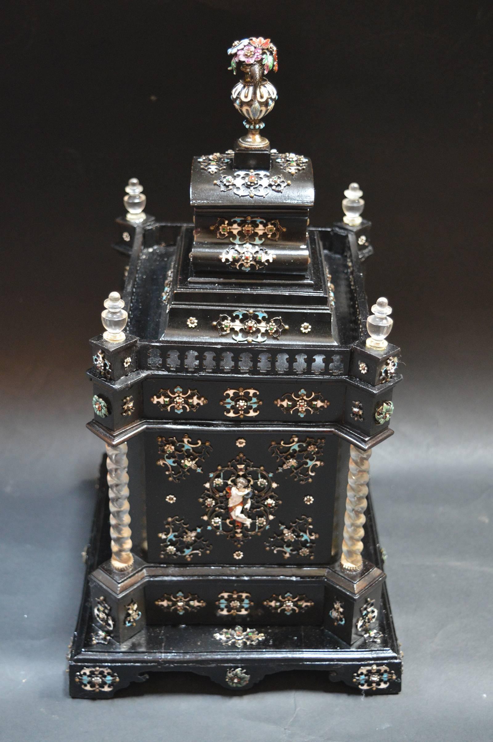 19th Century Austrian Ebony Jewelry Box Mounted in Rock Crystal with Enamel For Sale 5