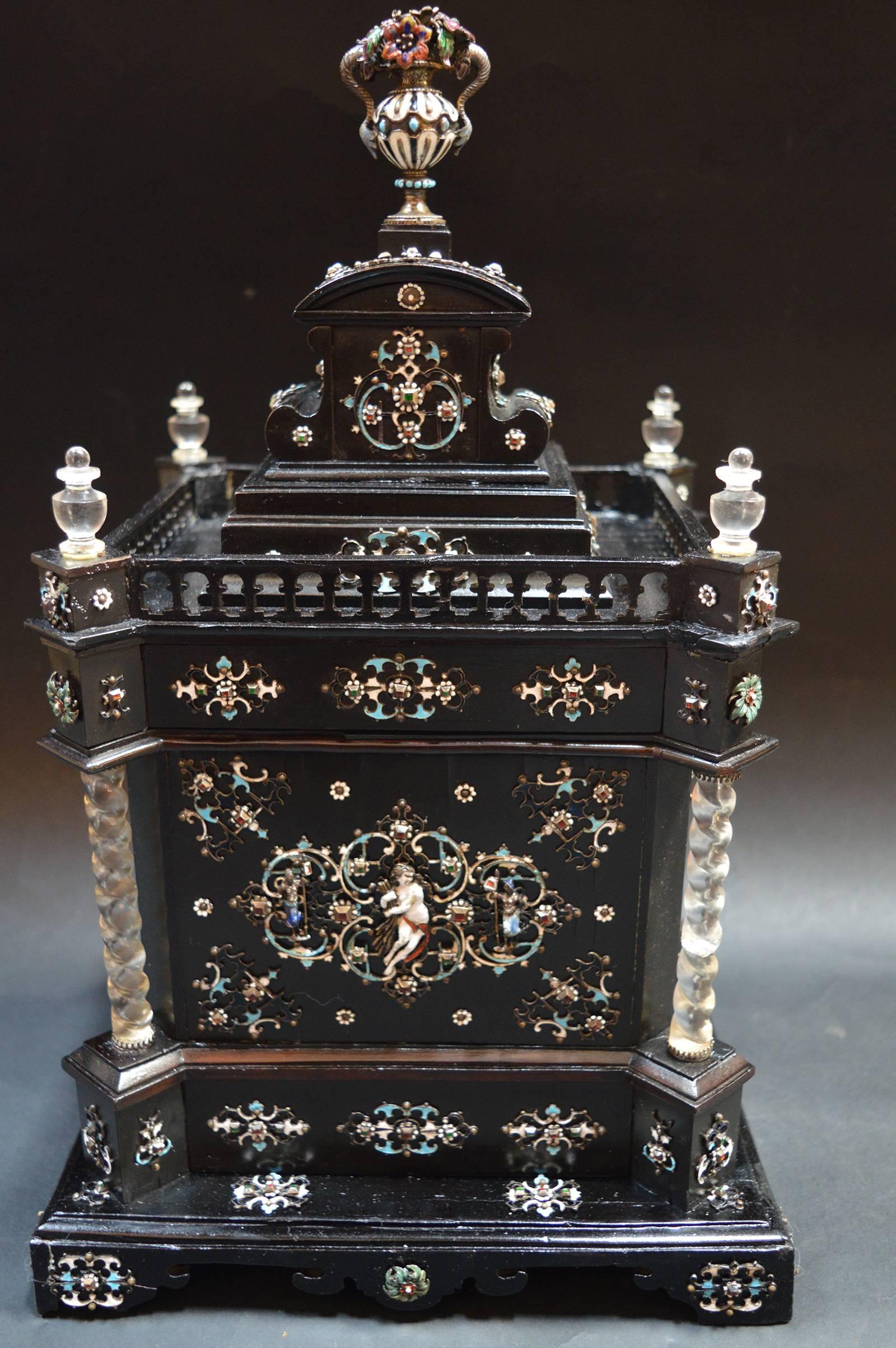 19th Century Austrian Ebony Jewelry Box Mounted in Rock Crystal with Enamel For Sale 6