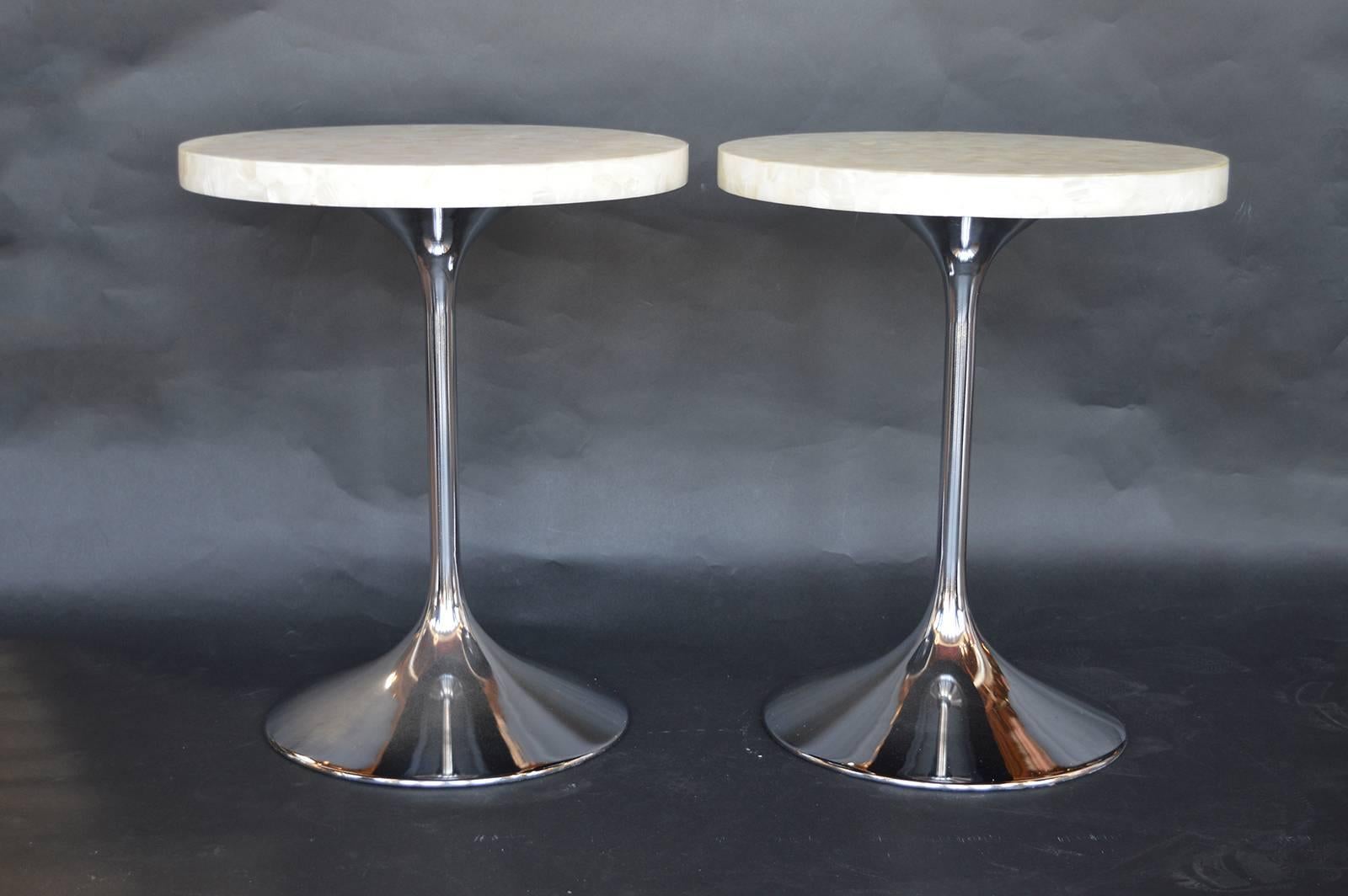 Pair of honeycomb mother-of-pearl side tables with chrome pedestal.