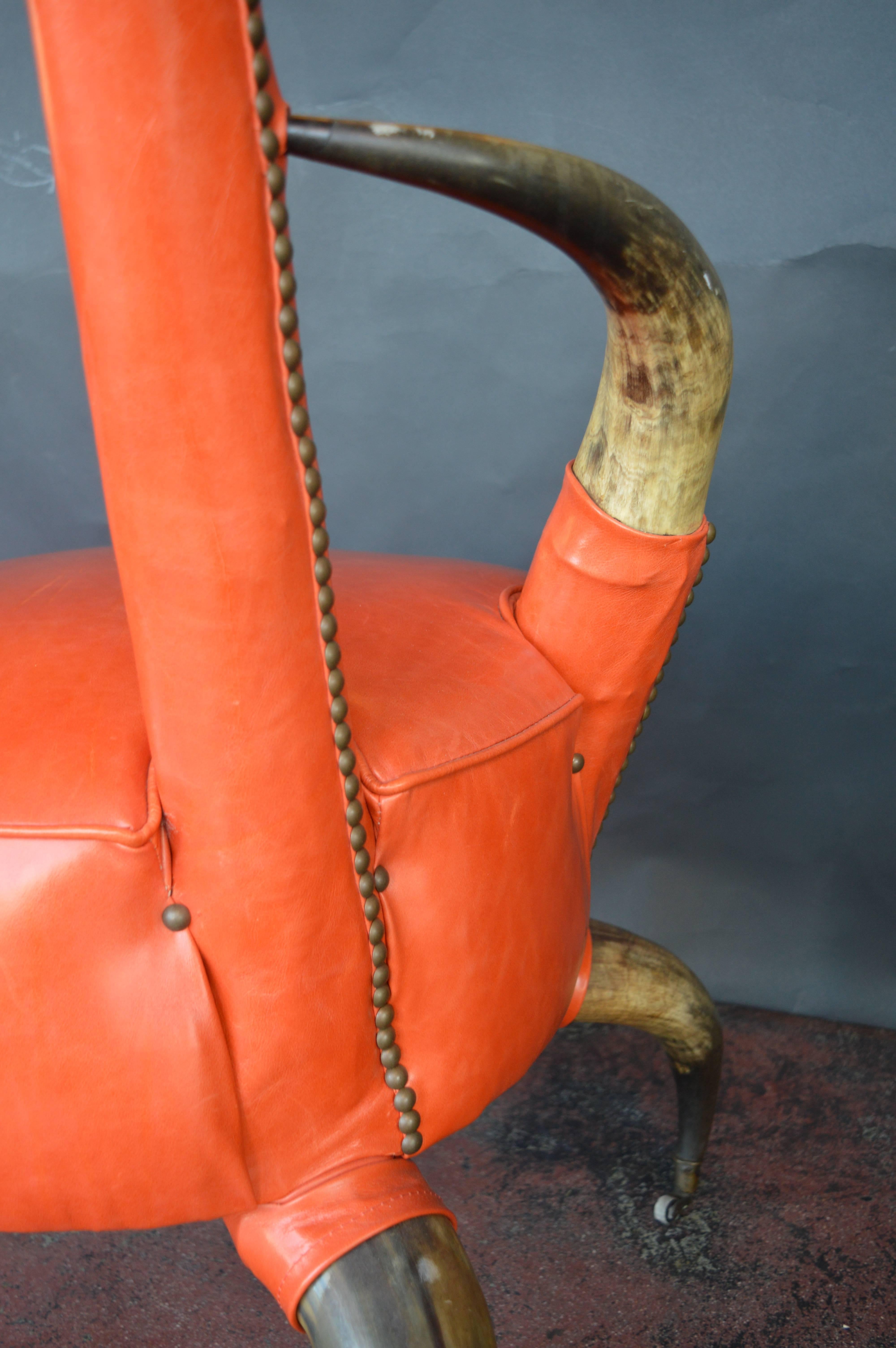 Leather Cow Horn Chair with Ottoman For Sale