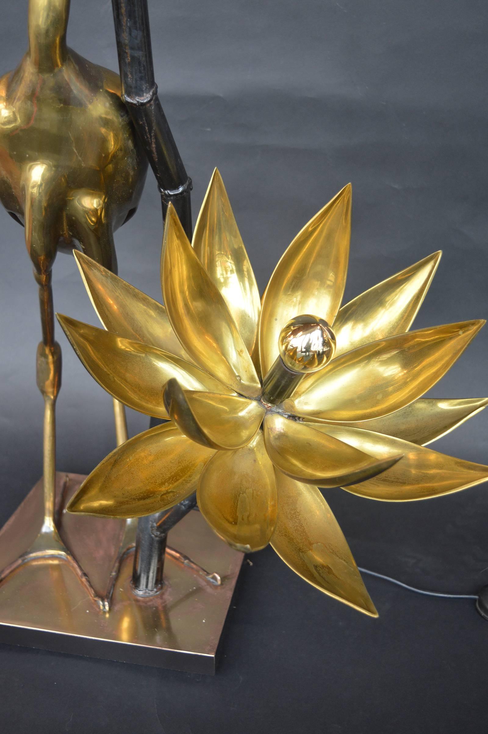 20th Century Brass Crane and Lotus Floor Lamp