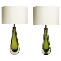 Mouth blown Sommerso Murano Glass Table lamps, Cristallo and Verde glass
