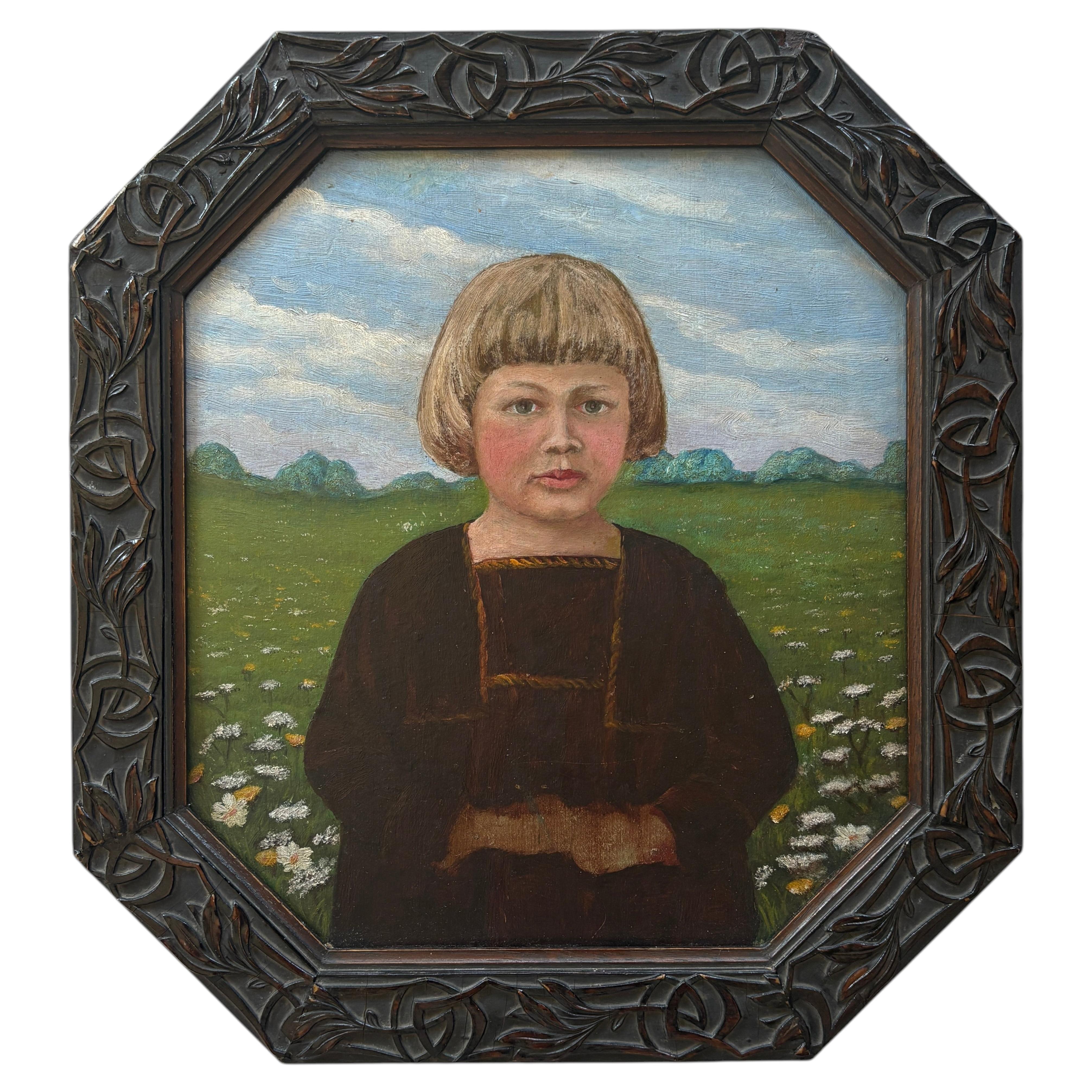 Early 20th Century German Child Portrait, Oil on Board, Carved Jugendstil Frame