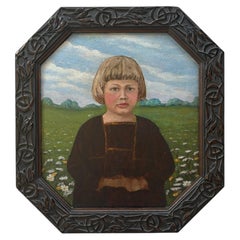 Early 20th Century German Child Portrait, Oil on Board, Carved Jugendstil Frame