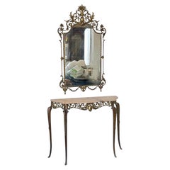 Console avec miroir en bronze, marbre et verre, « Regina d’Oro », années 70