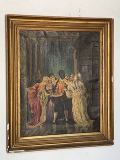 Antique oil painting with a large, gilded period frame, 1920