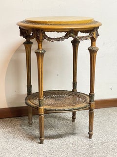 Pair of Louis XVI-style side tables in gilded brass with marble tops, 1950