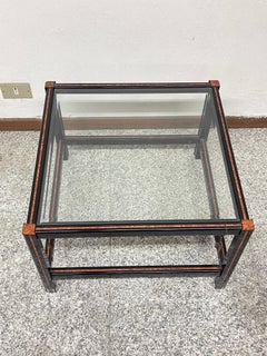 Elegant vintage metal and glass coffee table, “Noir Ambre,” from the 1970s