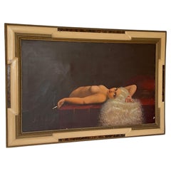 A stunning vintage oil painting, "Nude Noir with Cigarette," from the 1950s