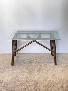 Elegant bamboo-effect wooden table with a glass top, "Oriente Noir," 1970