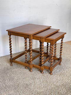 Elegant set of three solid wood side tables with twisted-leg design, 1970