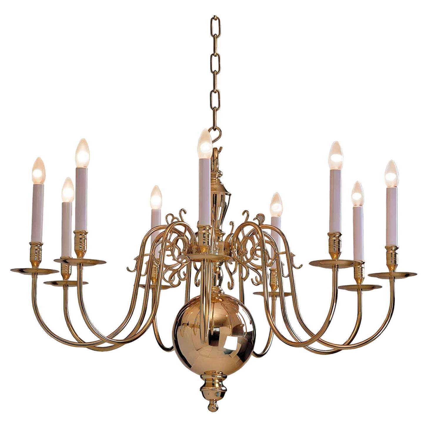 1 Tier 19th Century Electric Model Dutch Brass Chandelier with 9 Lights H65xW100 For Sale