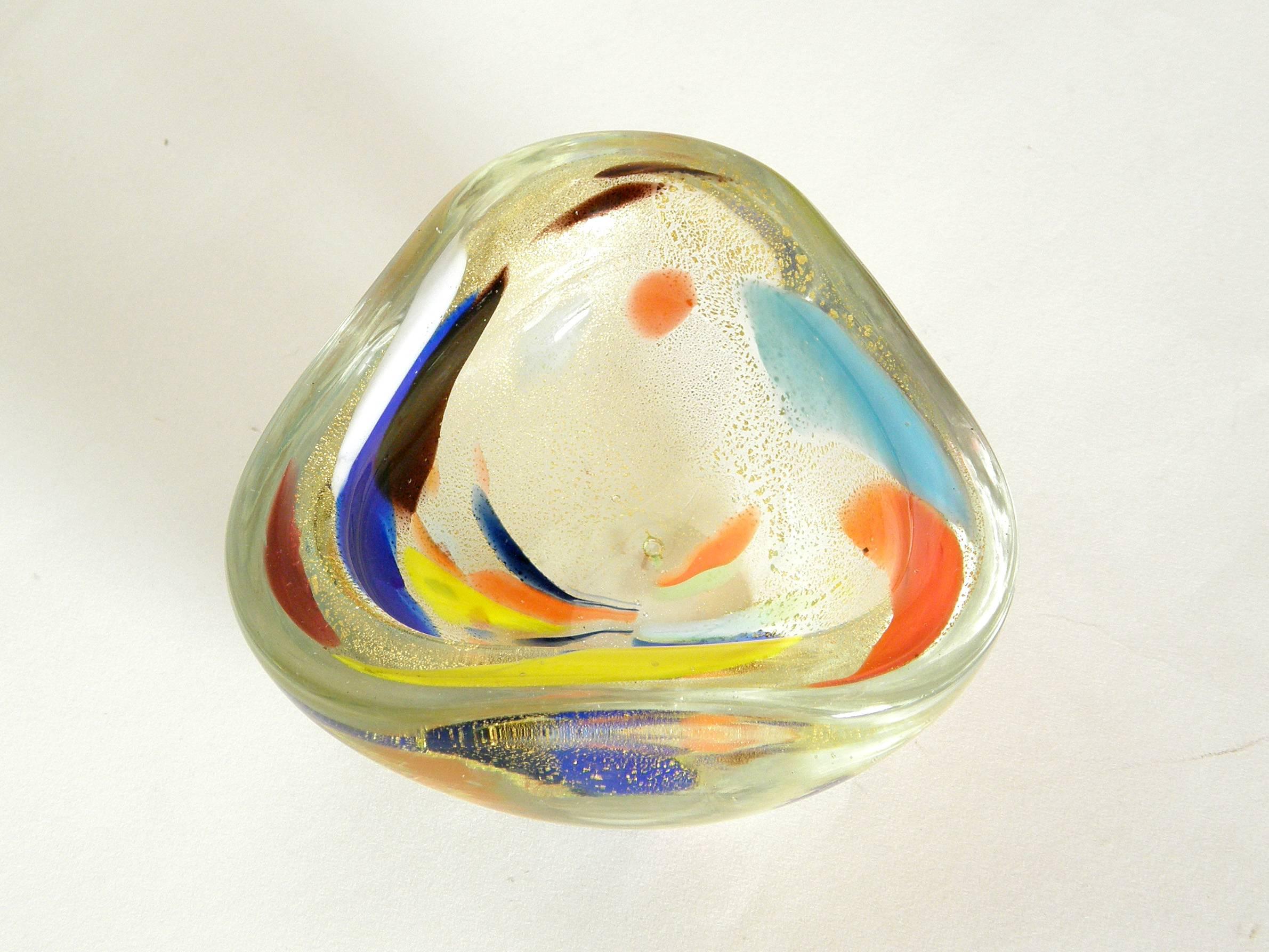 This petite, Murano glass tricorn bowl with patchy, multicolored designs was done after the style of the Italian glass artist, Dino Martens.

Please contact us if you have any questions.