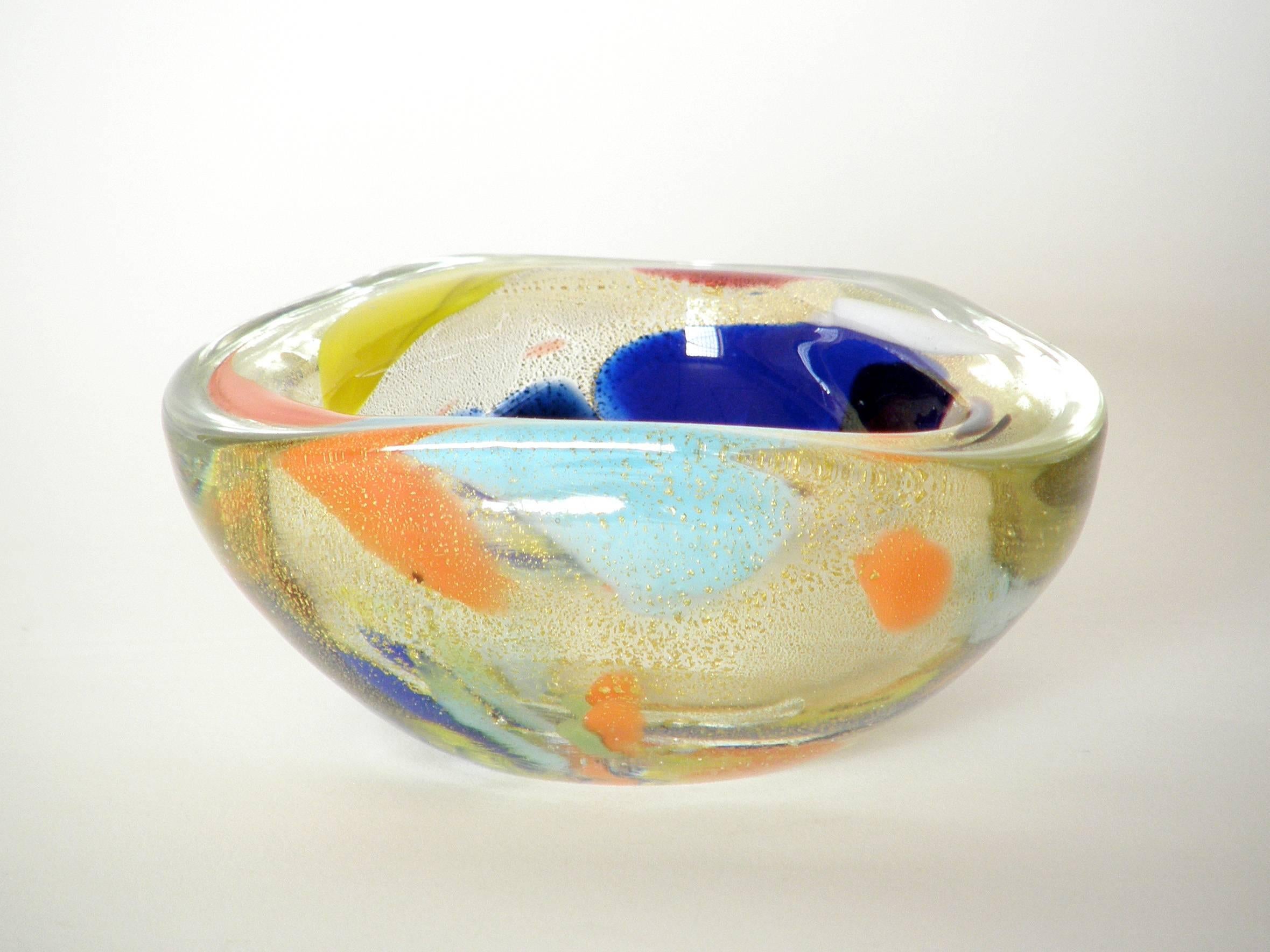 Italian Multicolored Murano Glass Tricorn Bowl with Abstract Designs For Sale