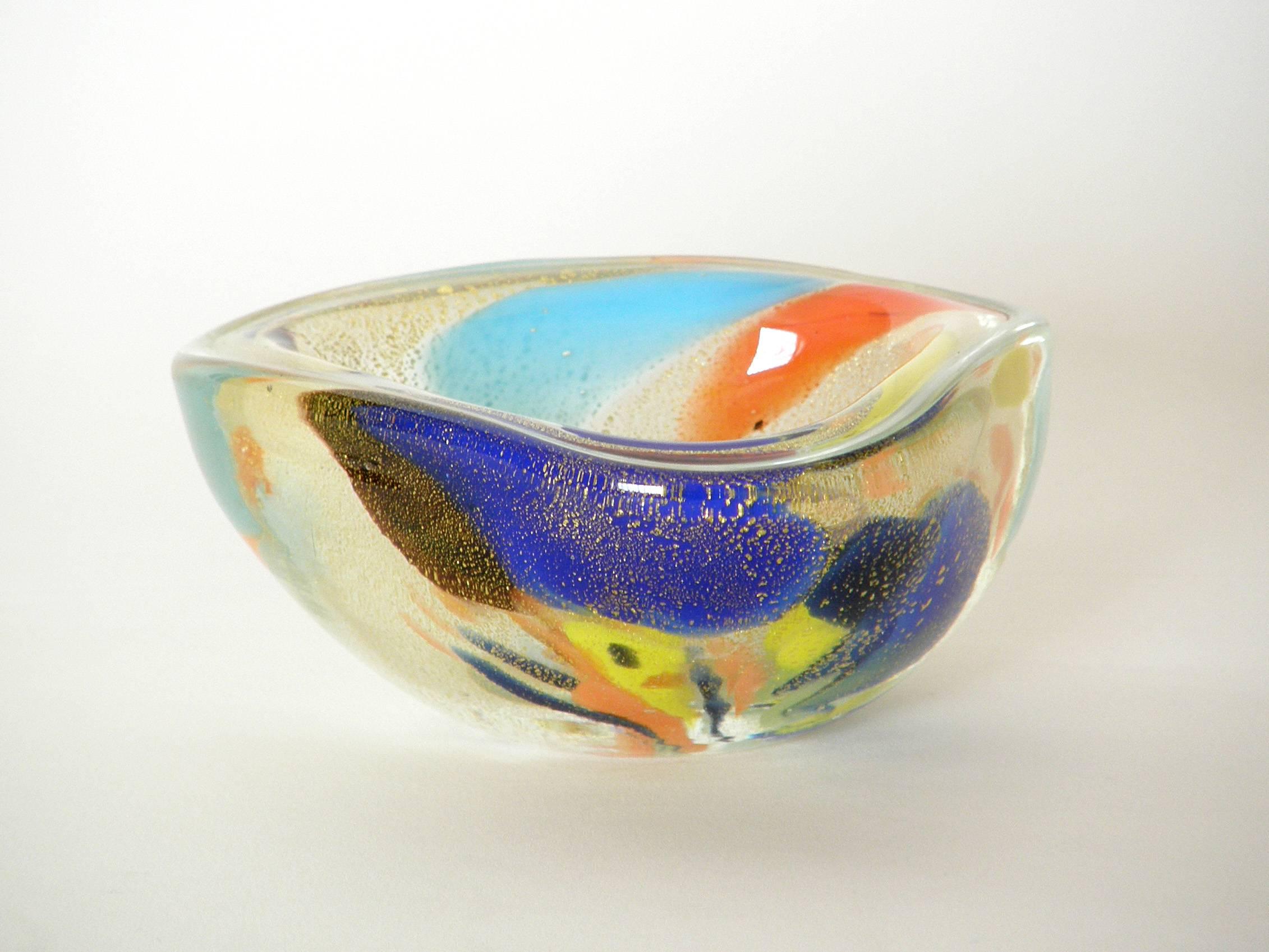 Blown Glass Multicolored Murano Glass Tricorn Bowl with Abstract Designs For Sale