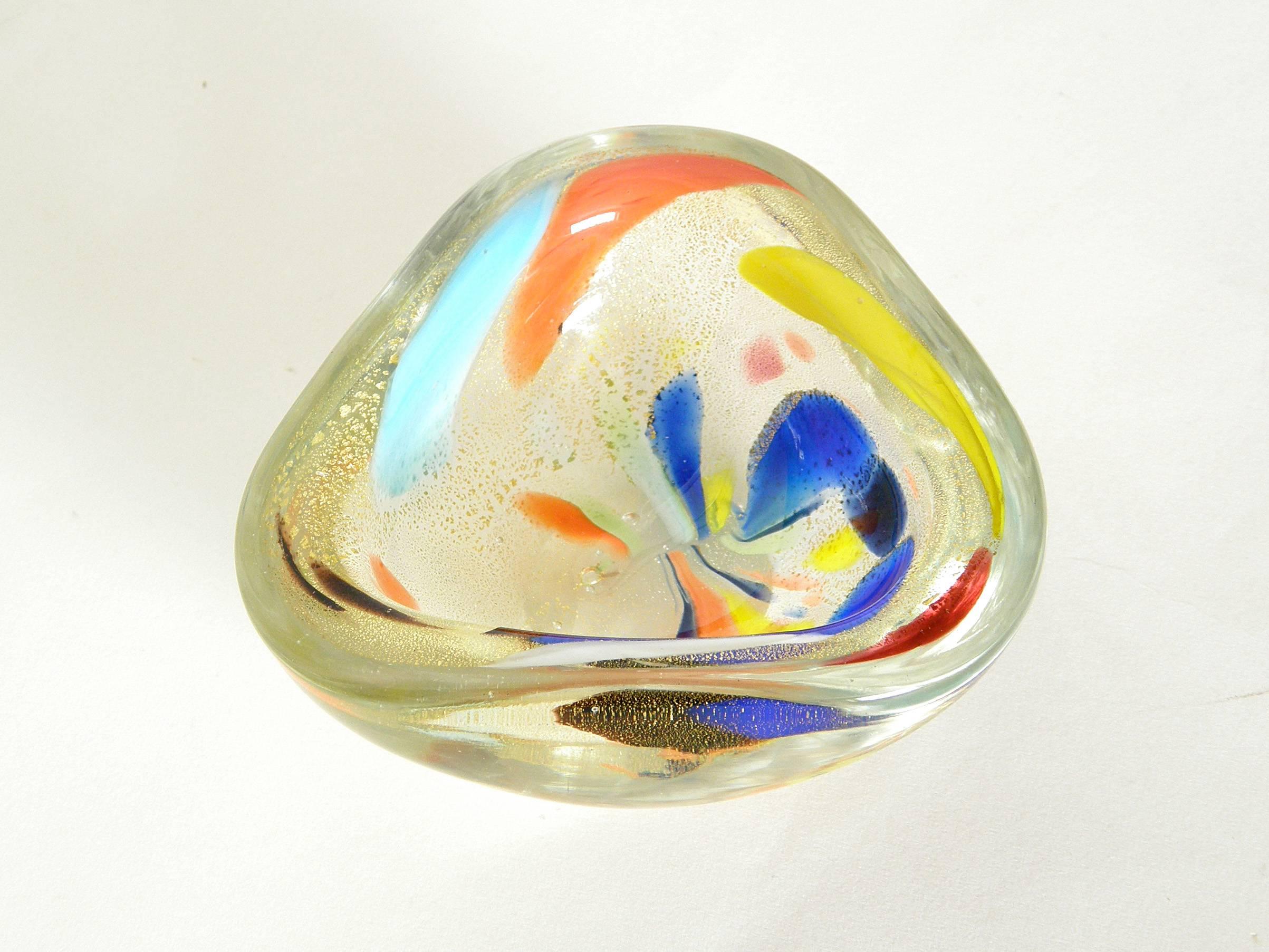 Mid-Century Modern Multicolored Murano Glass Tricorn Bowl with Abstract Designs For Sale