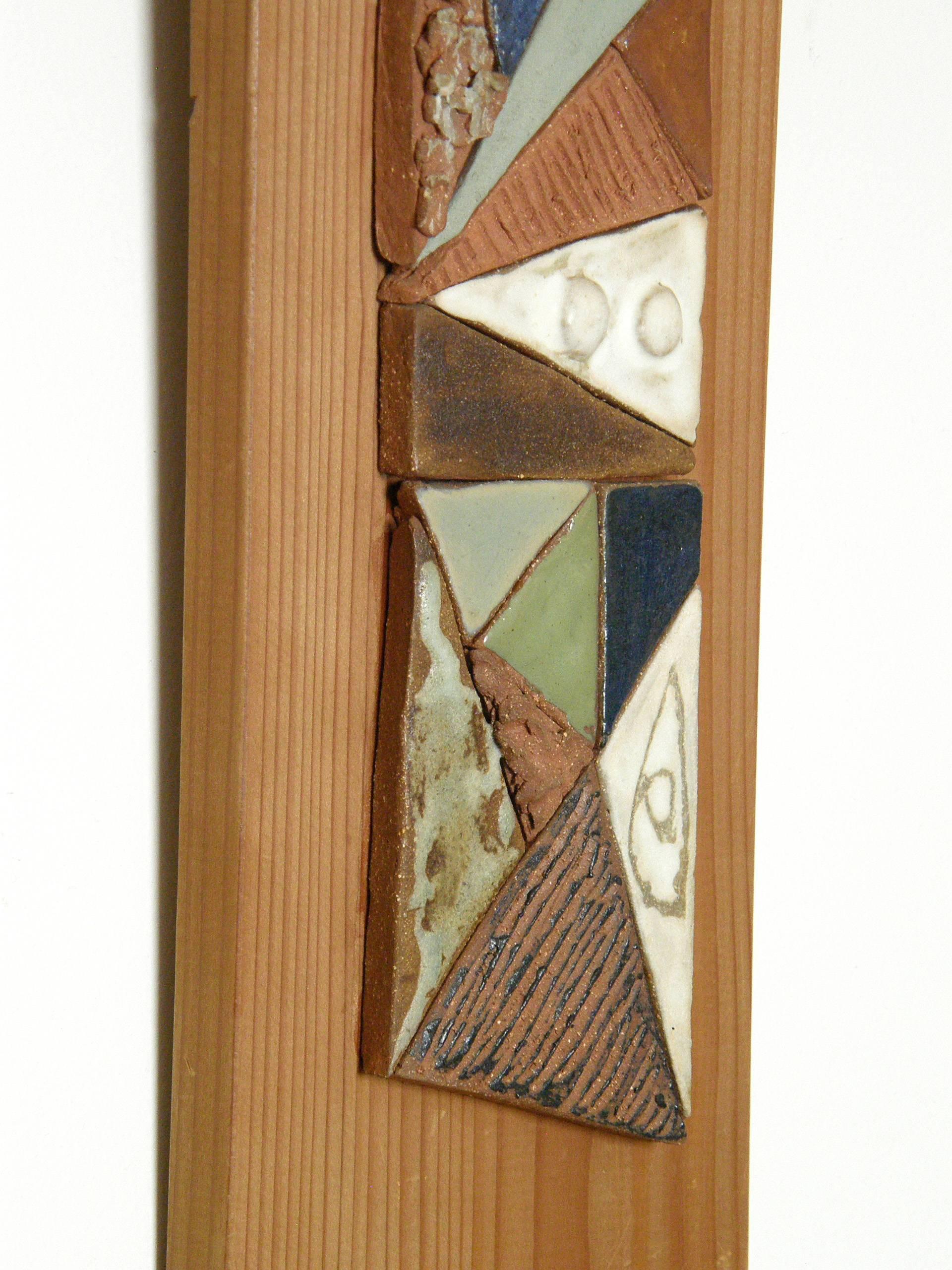 Mid-Century Modern Abstract Ceramic Mosaic on Wood Relief Wall Sculpture by Peg Tootelian