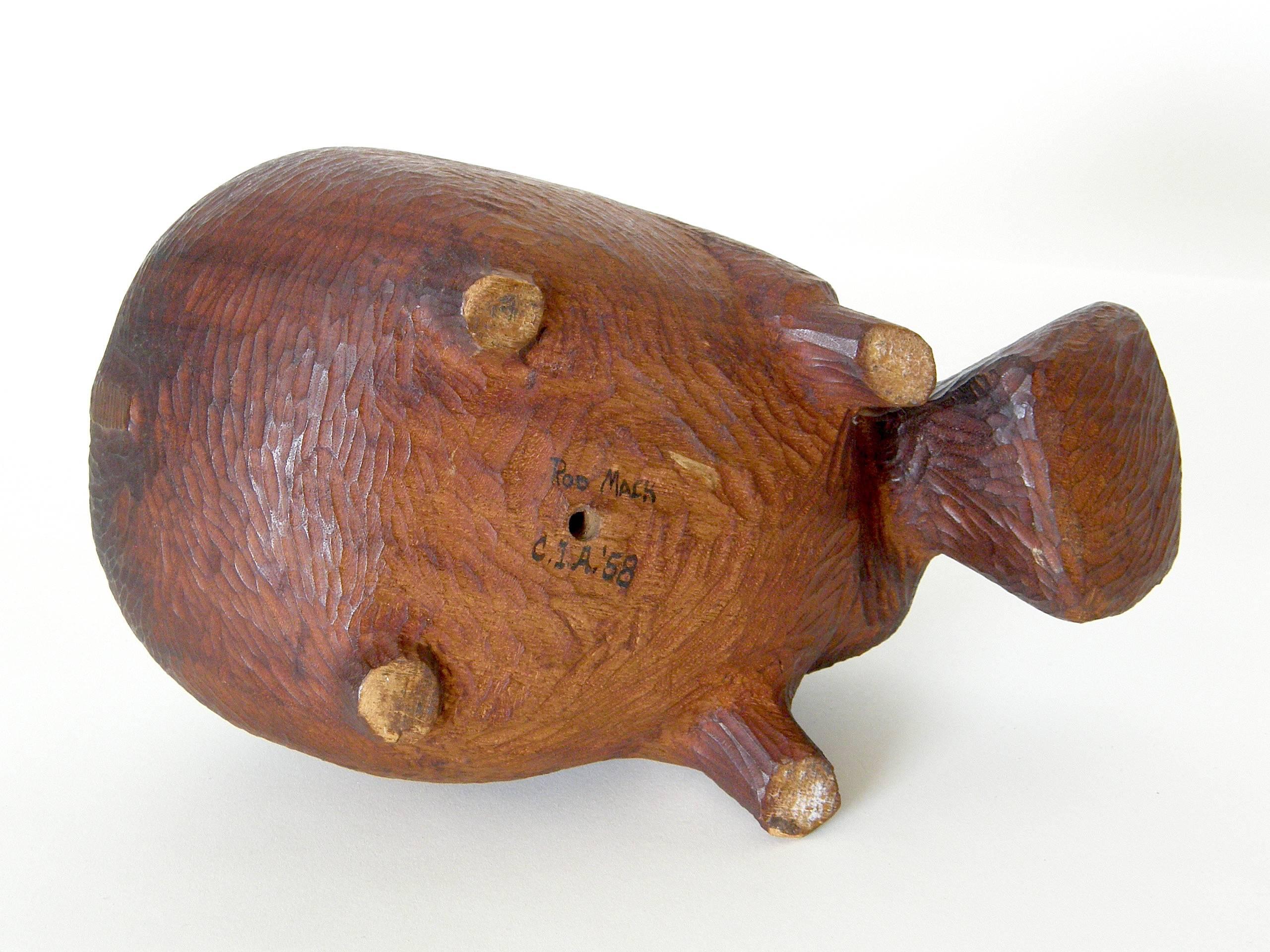 Mid-Century Modern Whimsical Hand Carved Wooden Hippo Figure by Rod Mack Dated 1958