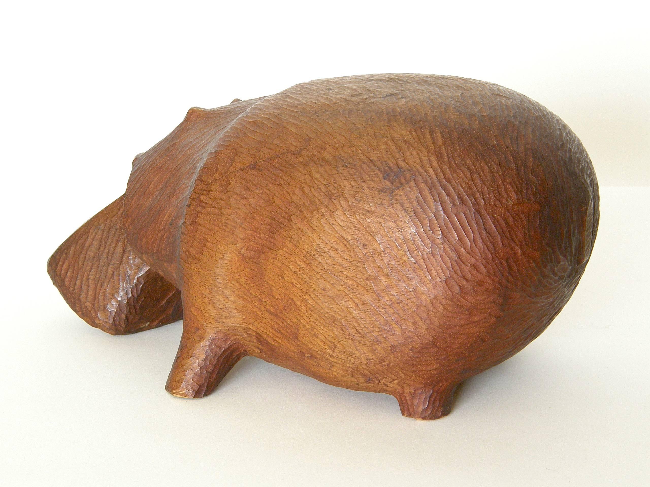 Whimsical Hand Carved Wooden Hippo Figure by Rod Mack Dated 1958 In Good Condition In Chicago, IL