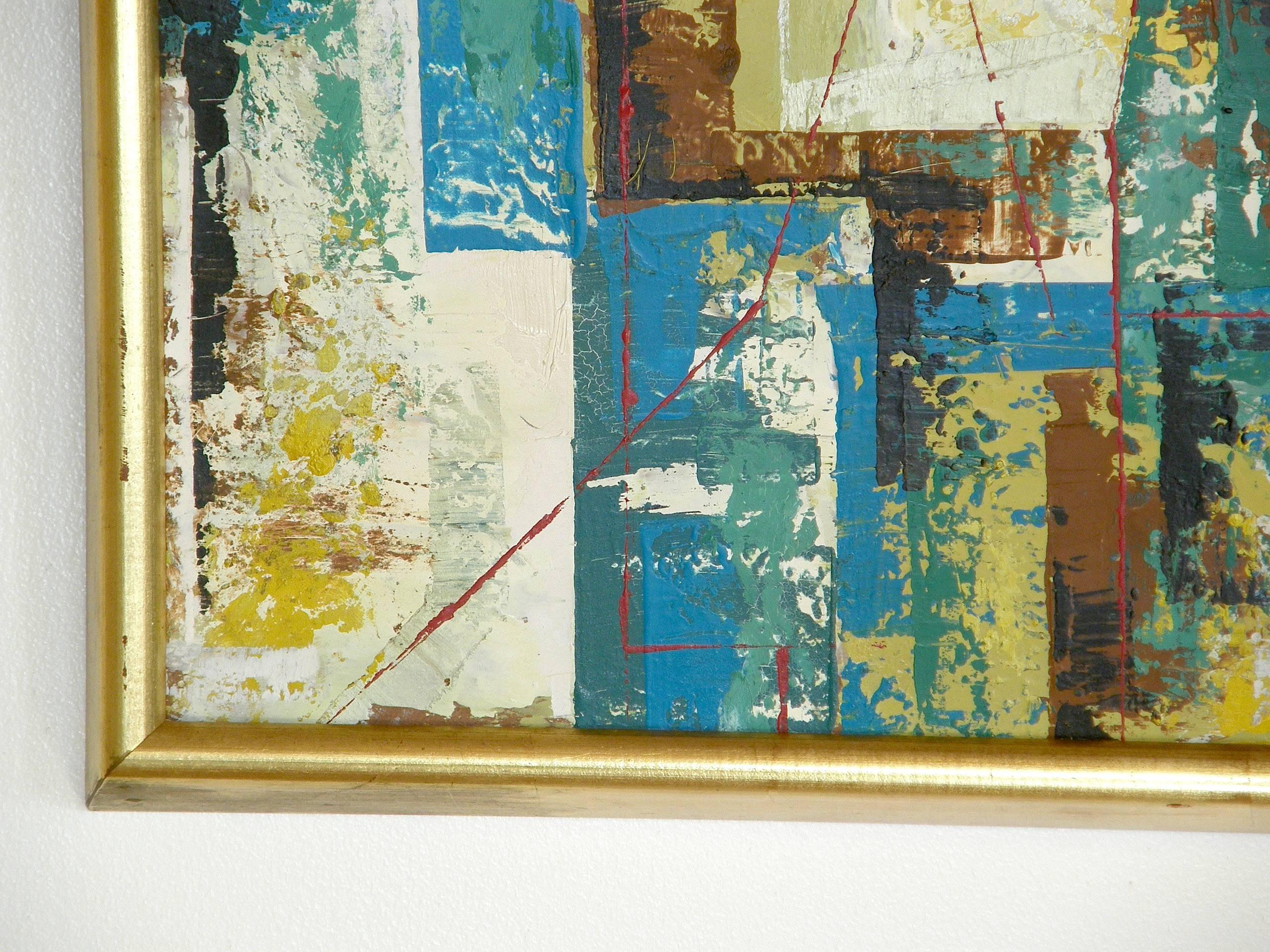 Mid-Century Modern Abstract Cityscape Painting on Board by Chicago Artist William McBride, Jr.