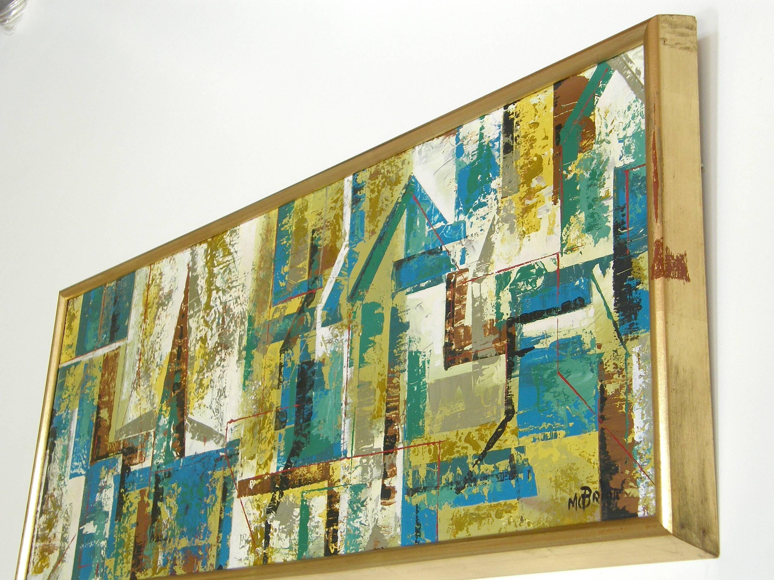 Mid-Century Modern Abstract Cityscape Painting on Board by Chicago Artist William McBride, Jr.