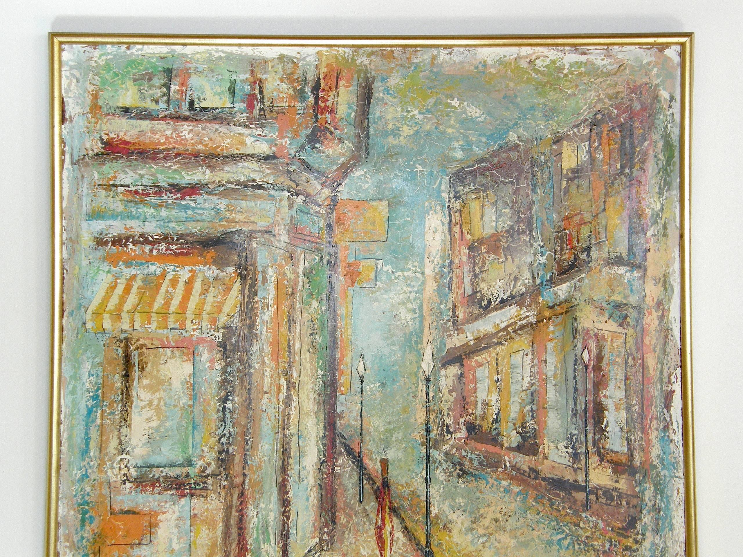 Abstract street corner scene painting of the French quarter in New Orleans, painted on recycled board by Chicago artist, William McBride, Jr. 

McBride was born in 1912 in New Orleans. His parents, who were vaudeville performers, moved their family